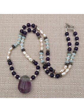 32 Inch Sterling Silver Multi-Gemstone Rainbow Fluorite Amethyst Pearl Necklace
